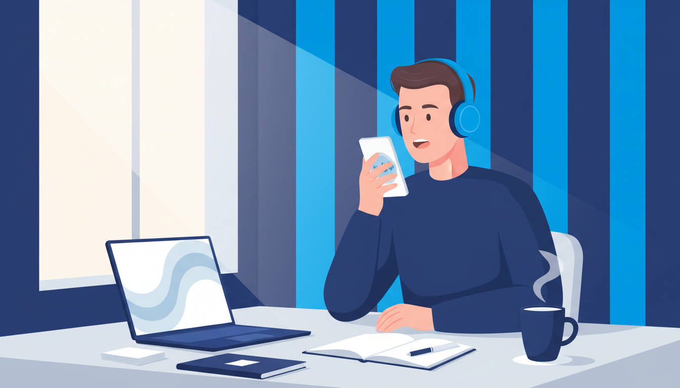 Persona practicando inglés en voz alta con un asistente de IA en el teléfono, con auriculares, portátil y tarjetas de repaso sobre la mesa