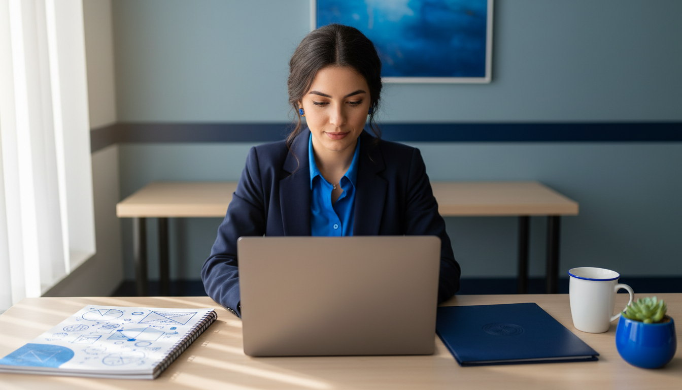 Professional studying for an AI certification exam at a desk with a laptop, notebook and certificate folder
