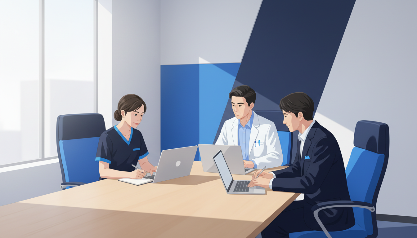 Nurse, physician, and hospital administrator reviewing AI training material on laptops in a hospital training room