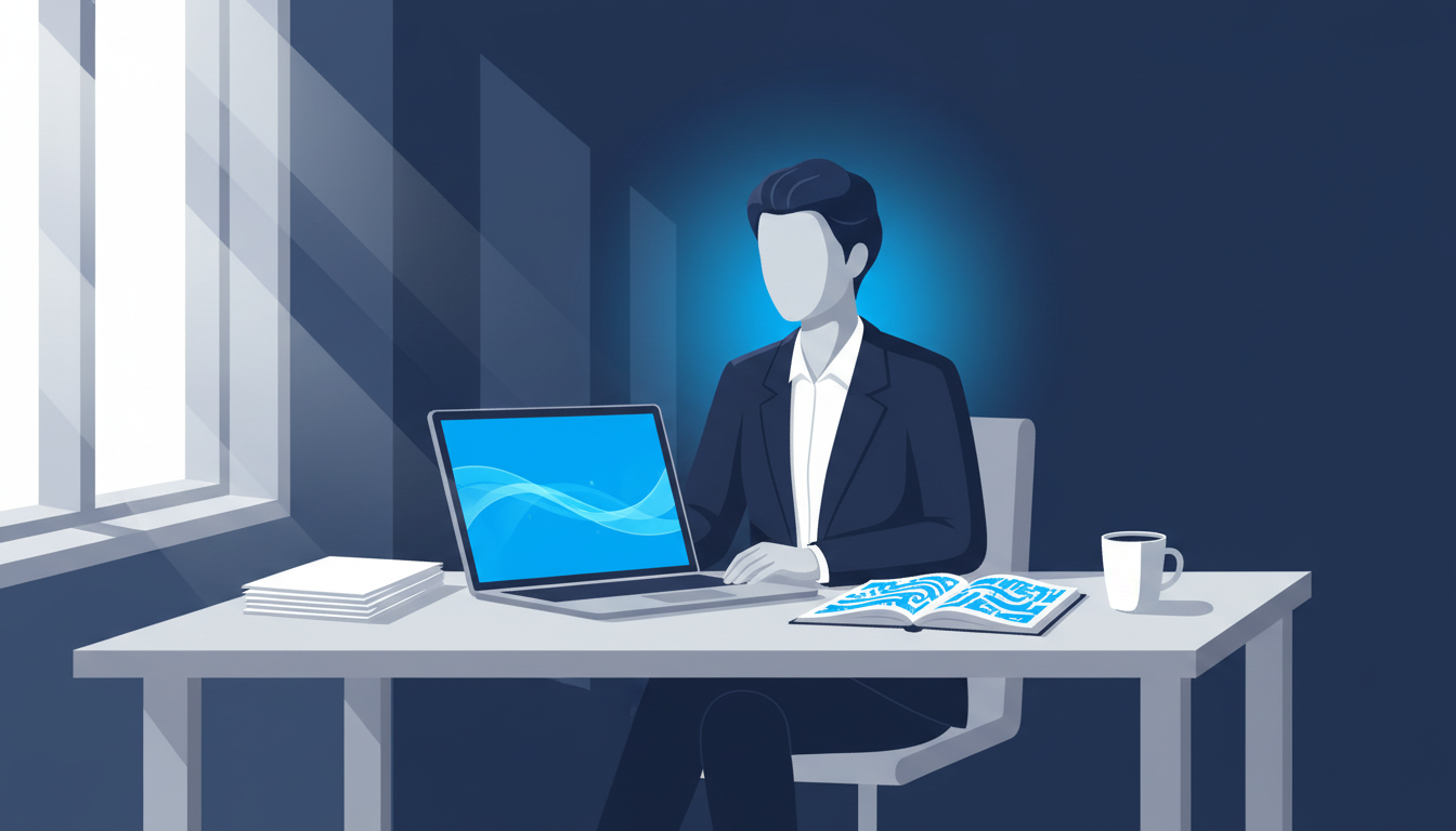 Professional at a desk using an AI assistant on a laptop to organize reports and work tasks