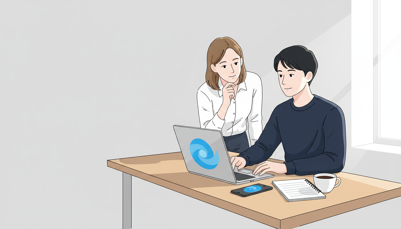 Dos personas revisan juntas en un portátil y un móvil el resultado de un asistente de inteligencia artificial