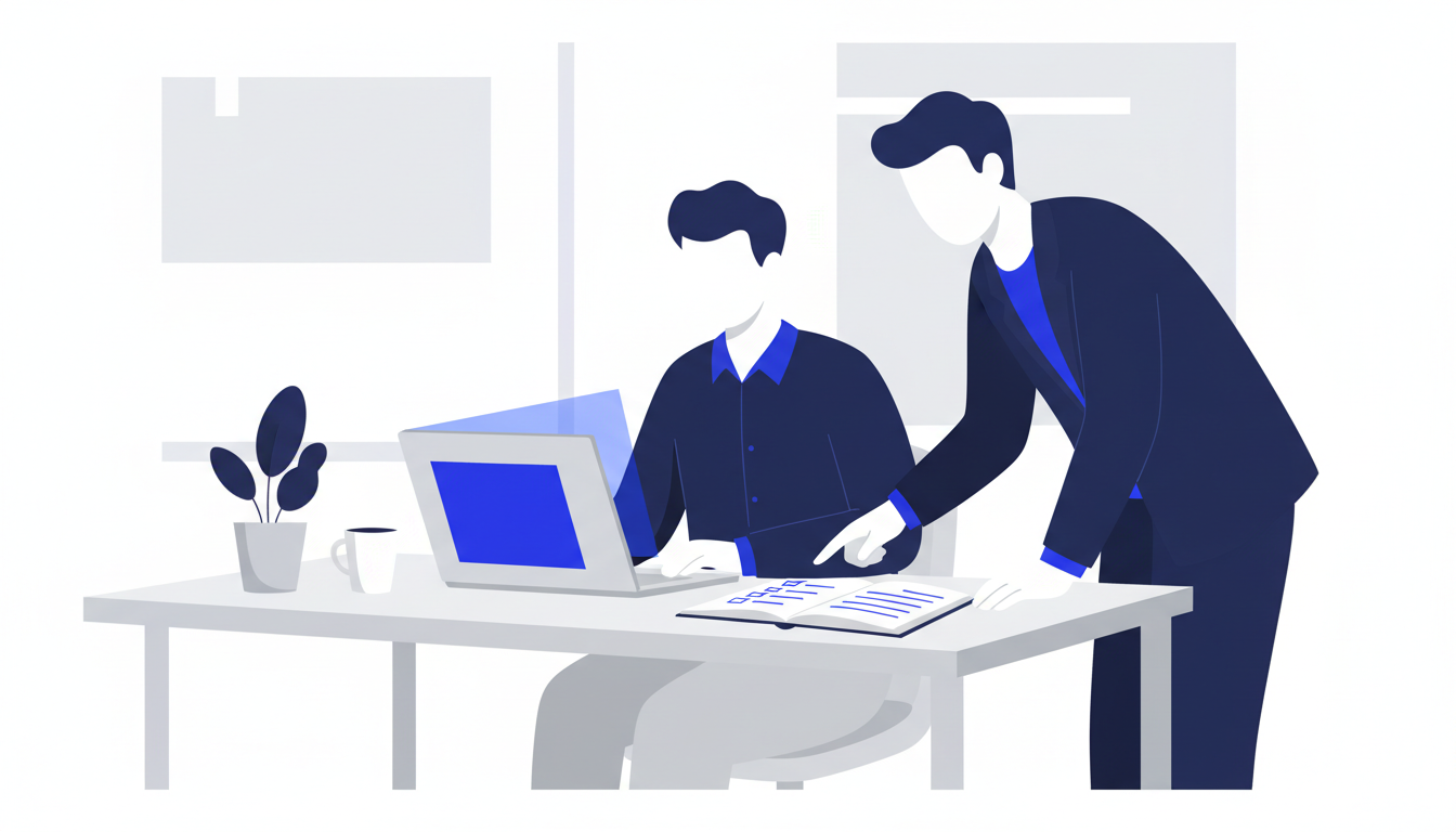 Persona practicando con un asistente de IA en un portátil mientras una mentora revisa sus notas durante un curso de ChatGPT