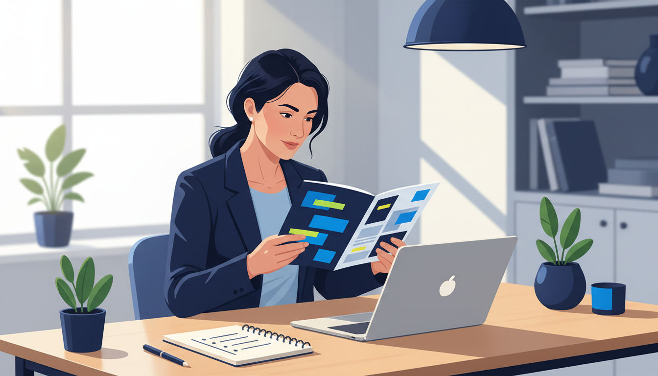 Profesional compara folletos de programas de inteligencia artificial en su escritorio junto a un portátil