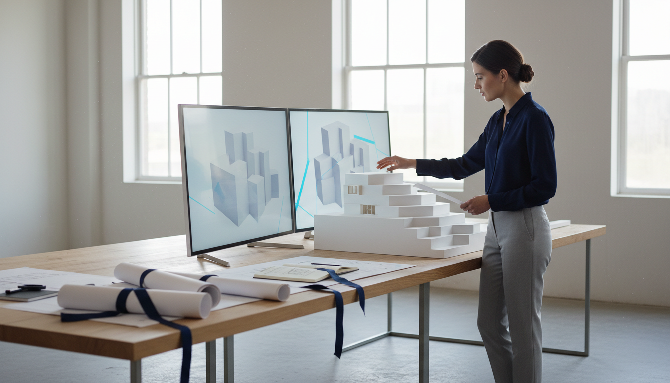 Arquitecta compara una maqueta blanca de una vivienda escalonada con renders en dos pantallas mientras trabaja con IA en su estudio