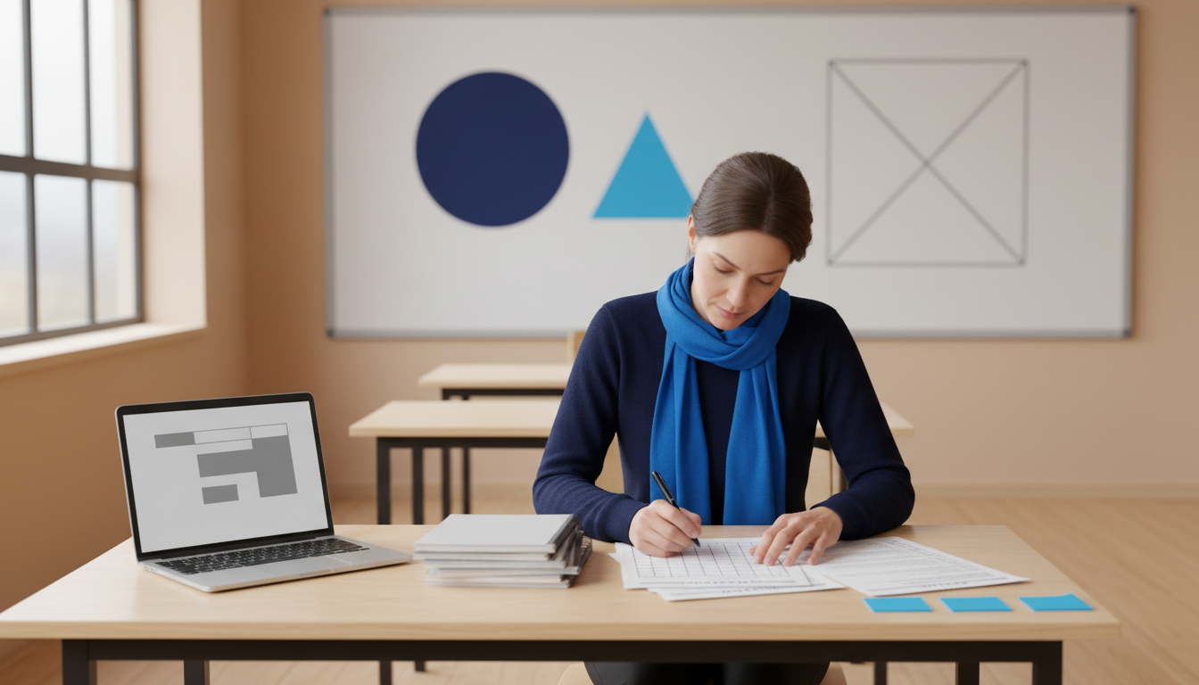 Docente revisa en un aula vacía una planificación y una rúbrica impresas junto a una pantalla mientras prepara su clase con inteligencia artificial