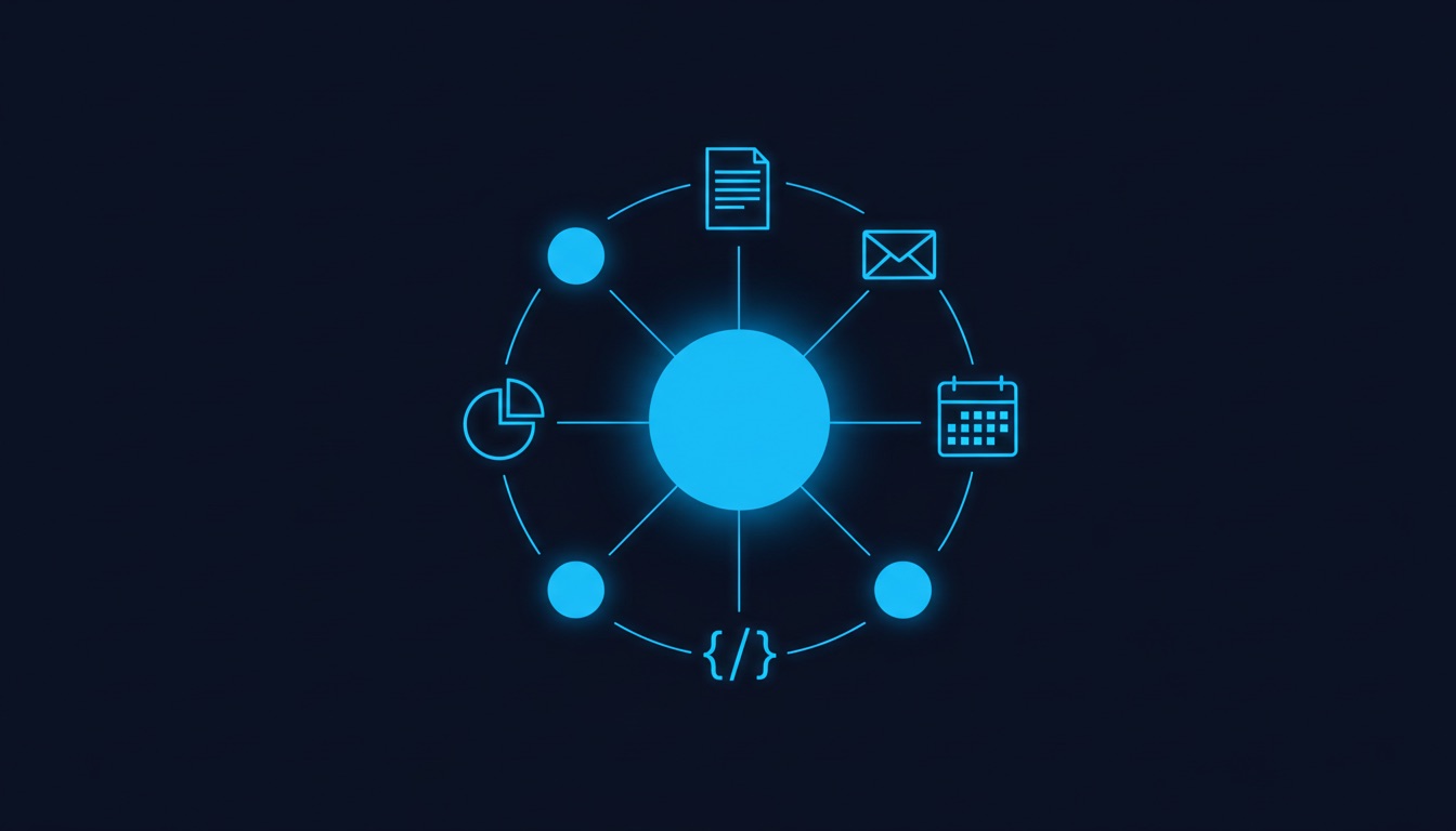 A central glowing orb coordinating smaller orbs next to documents, email and calendar shapes, like one AI agent directing sub-agents
