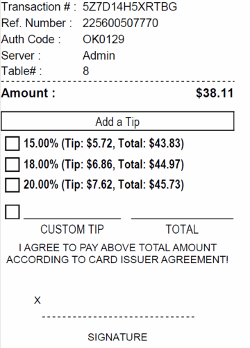 restaurant credit card receipt