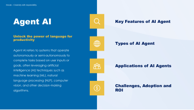 Slide 1: Introduction to Agent AI and its core properties like autonomy and goal orientation.