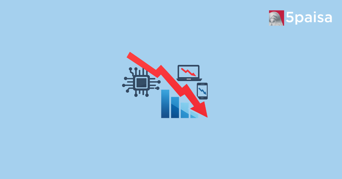 Nifty IT stocks fall shown with downward arrow, microchip and bar chart