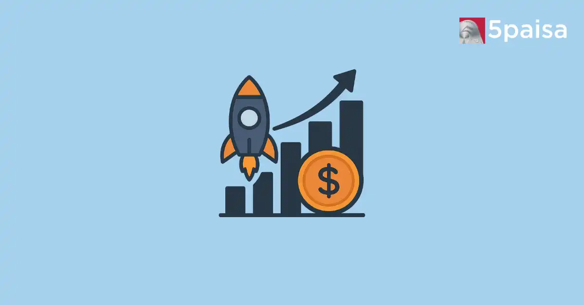 IPO market growth illustration with rocket, bar chart and dollar coin