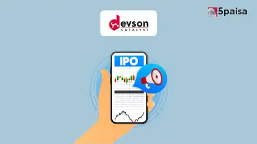 Devson Catalyst IPO graphic shows a smartphone with stock chart, IPO banner, megaphone icon and 5paisa logo.