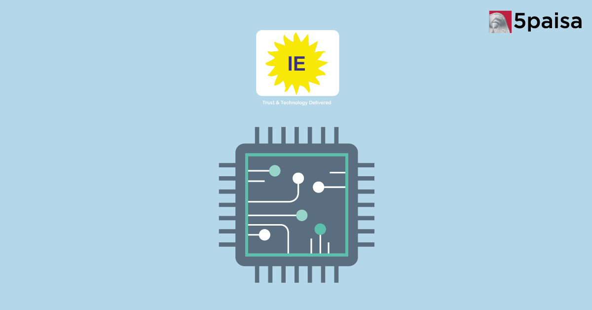 IE logo above a microchip illustration symbolising technology, innovation and trusted digital infrastructure; 5paisa logo at top right.