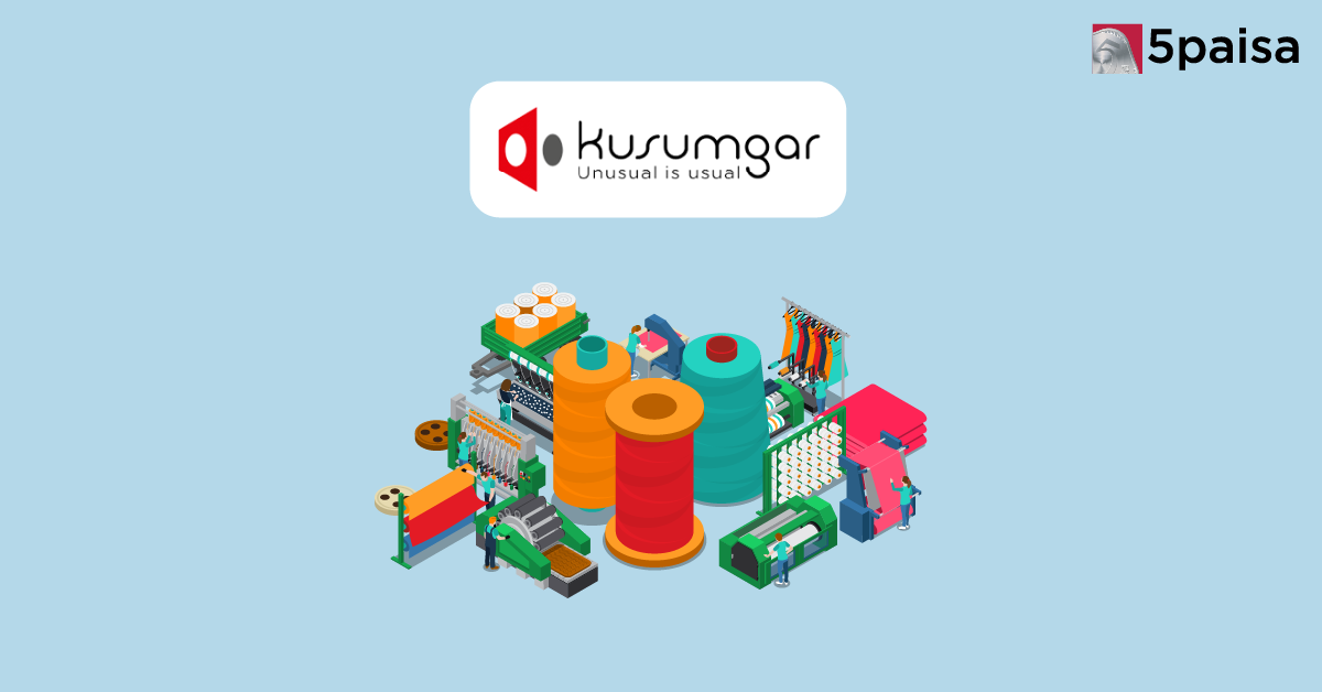 Kusumgar logo above a textile production setup with colourful fabric spools, machinery, workers, and 5paisa branding.