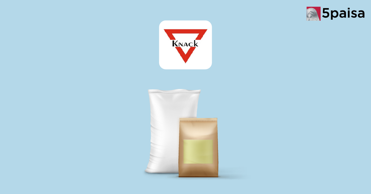 Knack Packaging logo above two packaging bags on a blue background, with the 5paisa logo displayed in the top-right corner.