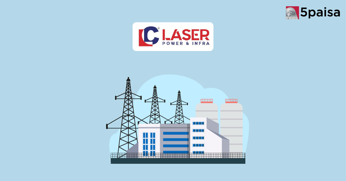 Laser Power & Infra industrial facility with transmission towers, displayed alongside the 5paisa logo on a blue background.