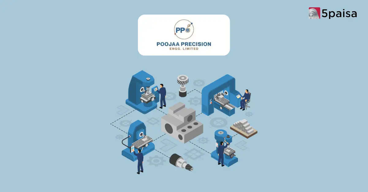 5paisa IPO graphic for Poojaa Precision Engineering Ltd., featuring company branding and an industrial engineering theme.