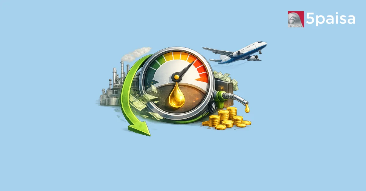 ATF Prices Cut By Around ₹5 Per Litre As Softer Crude Offers Relief To Airlines ATF price cut illustration with airplane, fuel gauge and refinery