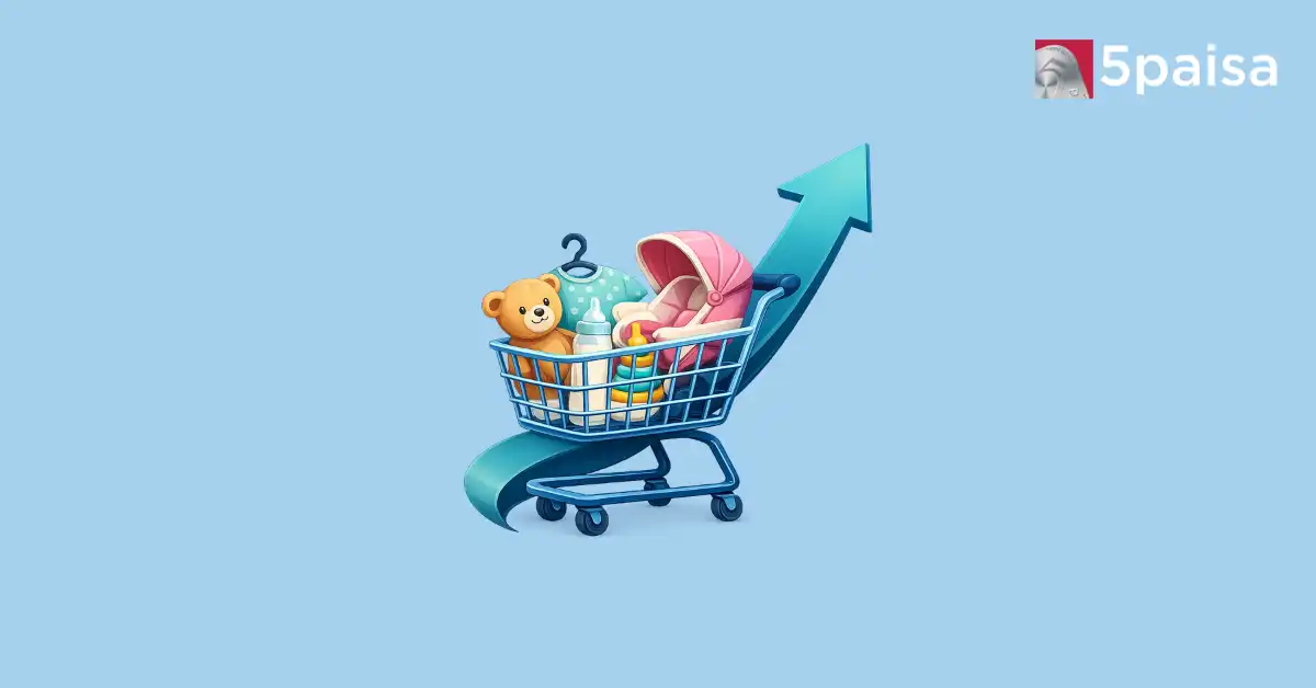 Baby products IPO concept featuring shopping cart and growth arrow Baby products IPO concept featuring shopping cart and growth arrow