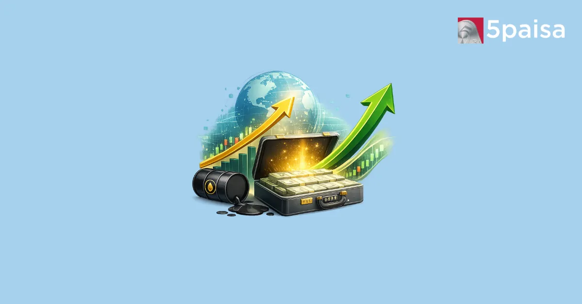 Gift Nifty illustration with rising arrows, globe and oil barrel