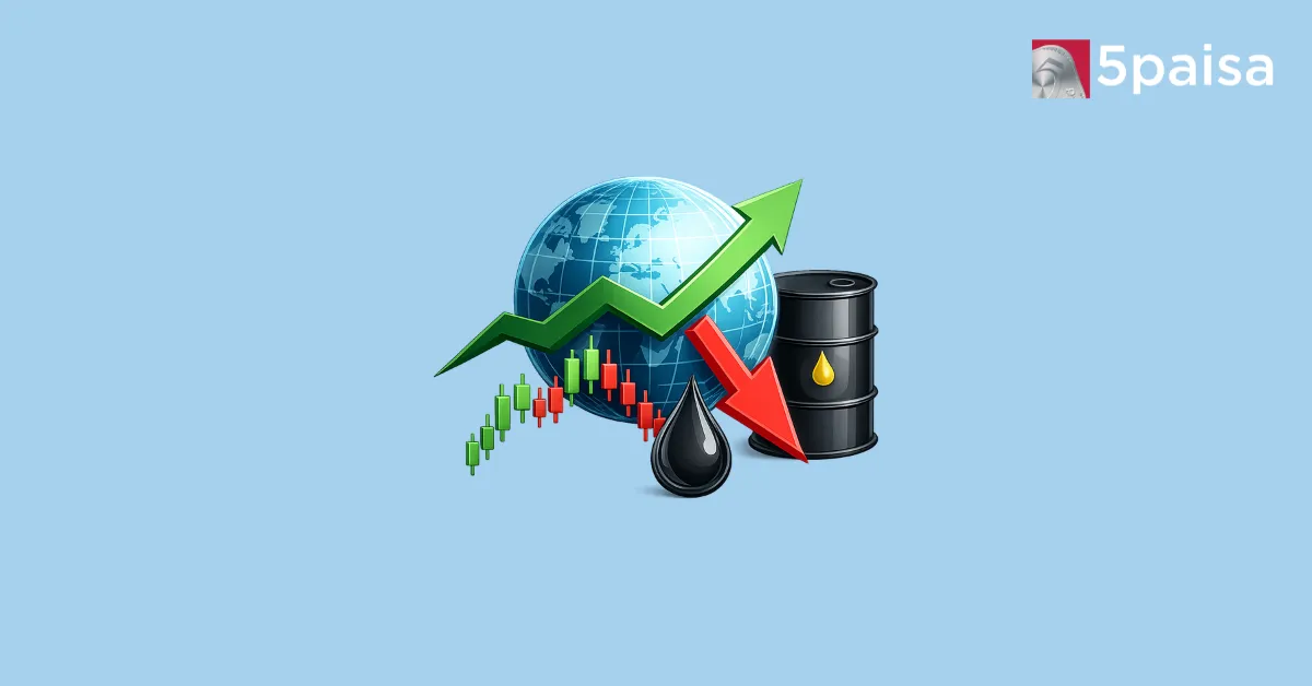 Stock market illustration with GIFT Nifty, crude oil and market trend arrows.