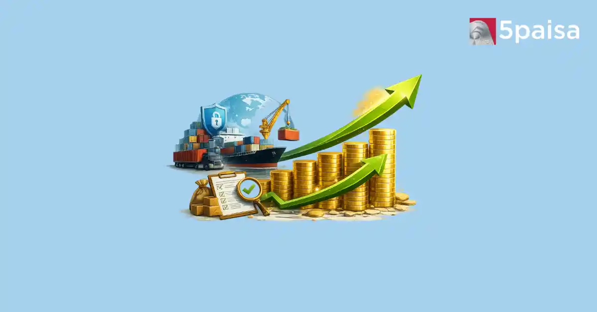 GST collections growth illustration with import cargo, coins and rising arrow