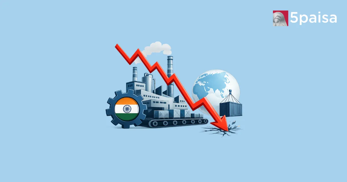 India manufacturing PMI illustration with factory and falling export trend