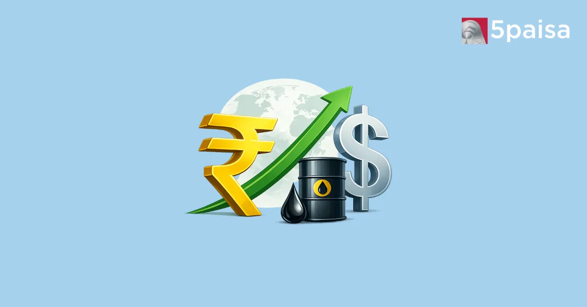 Rupee graphic with dollar symbol, oil barrel and upward trend