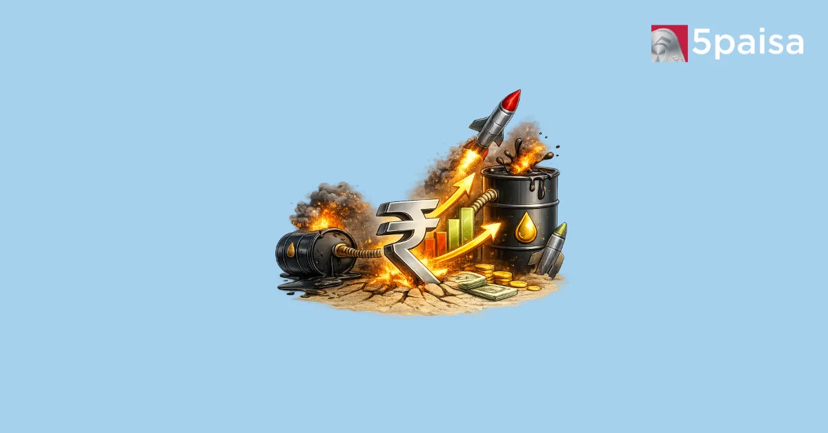 Rupee illustration with oil barrels, missiles and market pressure