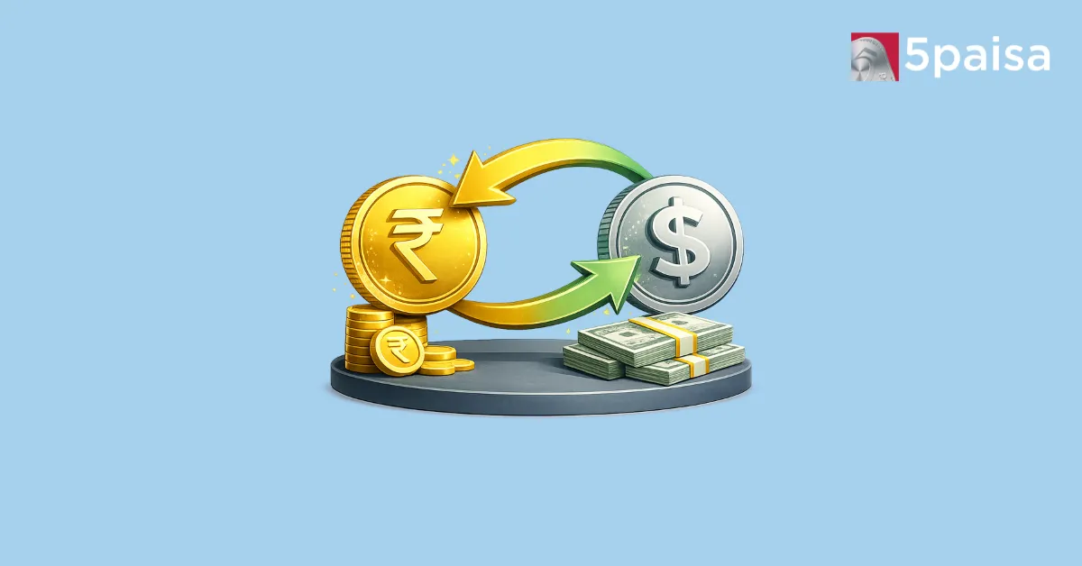 Rupee vs U.S. dollar illustration with currency exchange arrows