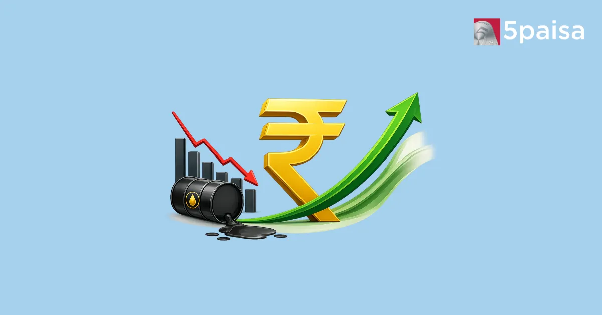 Rupee gains illustration with oil barrel, falling crude and rising arrow