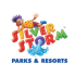A multi-colored, "SILVER STORM" company logo with a child character, water splashes, and "PARKS & RESORTS" text below.