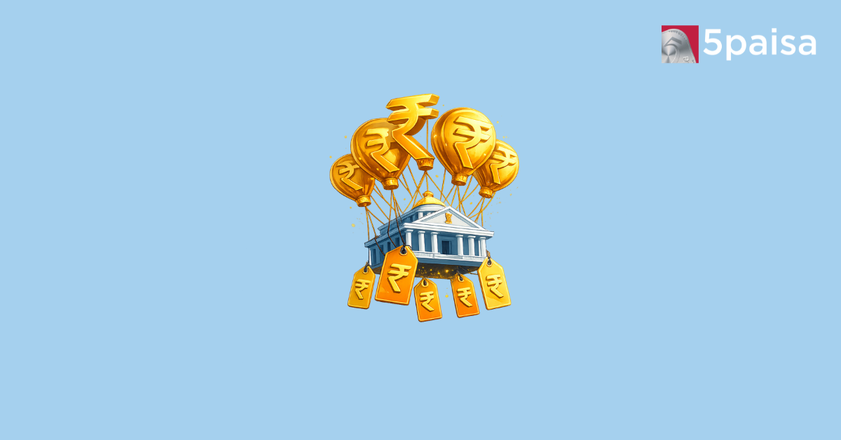 Government stake sale illustration with rupee balloons and public sector building