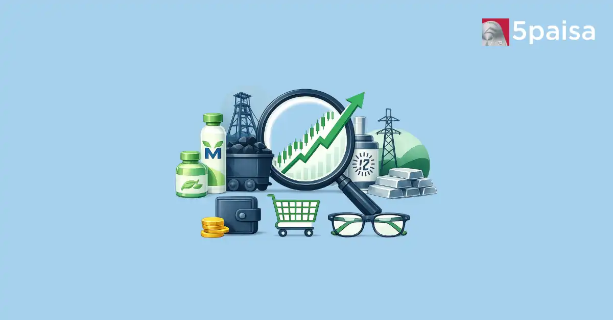 Stocks to watch illustration with magnifying glass and rising market chart