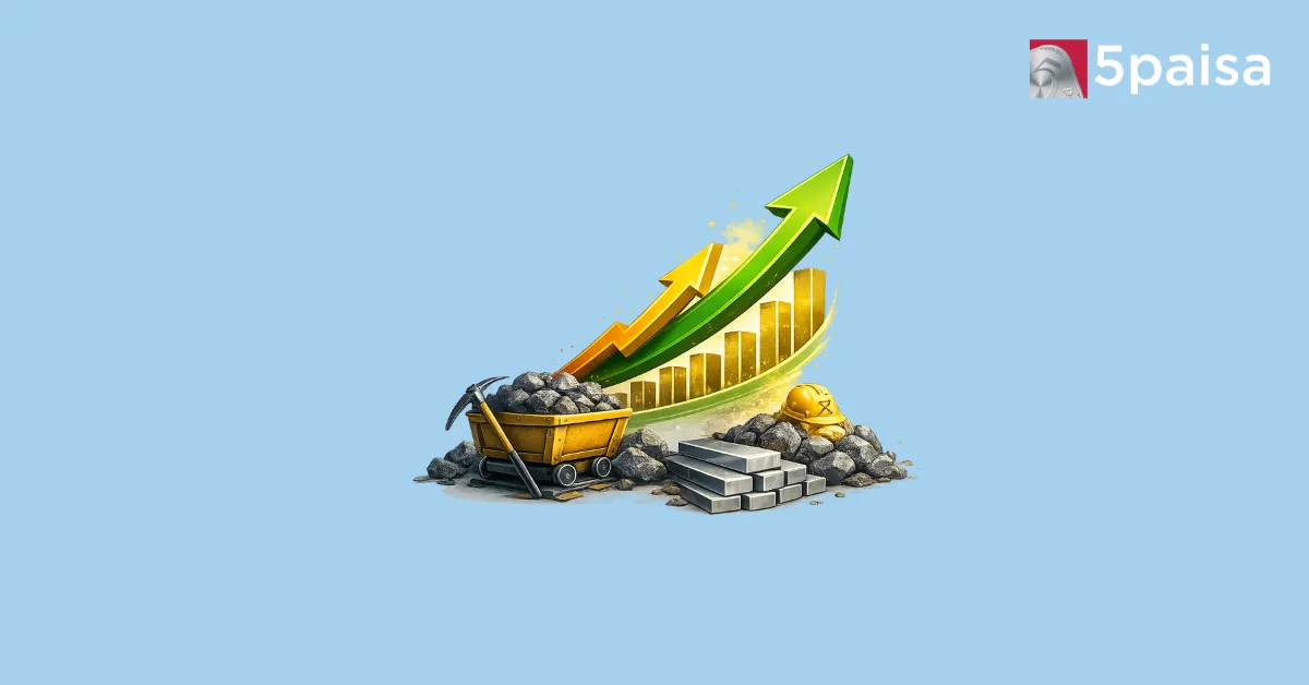 Vedanta stocks rally illustration with mining cart, steel bars and rising arrows