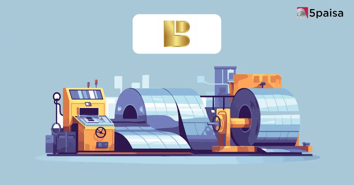 Illustration of a steel coil manufacturing machine processing rolled metal sheets, with the 5paisa logo on a blue background.