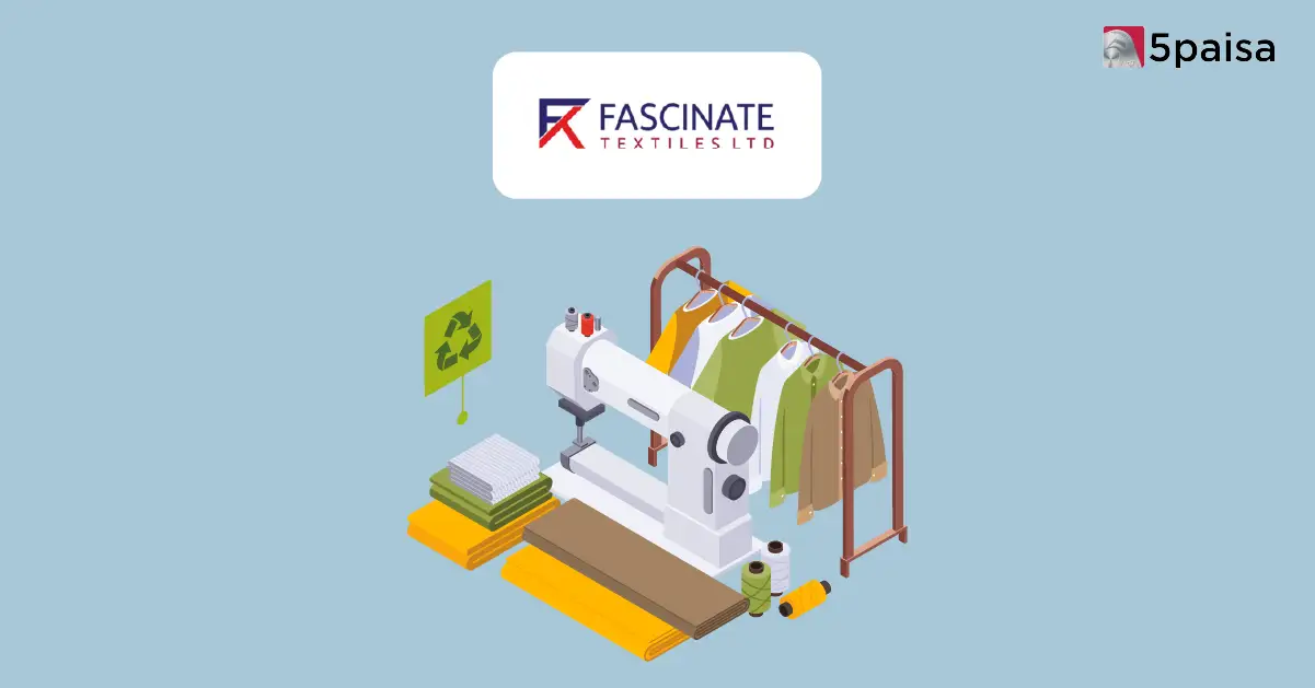 Copilot said:  Textile manufacturing illustration with sewing machine, fabric rolls, garment rack, recycling sign, and 5paisa logo.