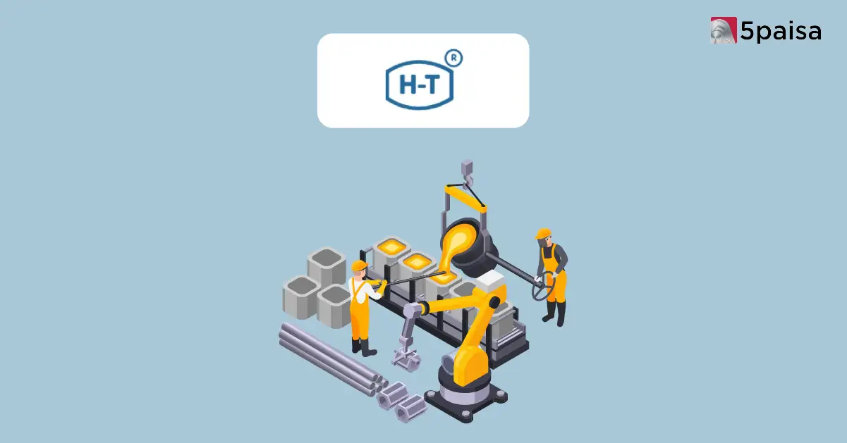 Industrial automation illustration showing robotic arms, molten metal casting, workers, Hy-Tech logo, and 5paisa branding.