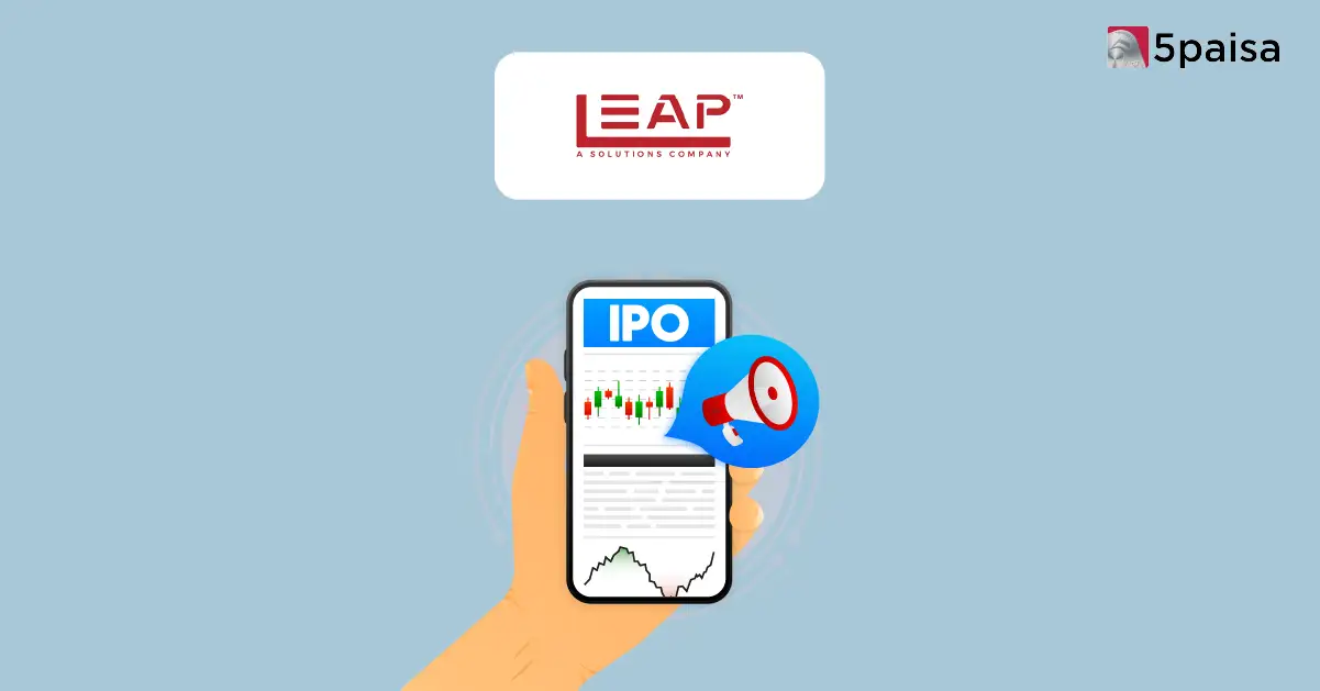 LEAP India Ltd logo above a hand holding an IPO chart on a smartphone, with a megaphone icon and 5paisa branding.