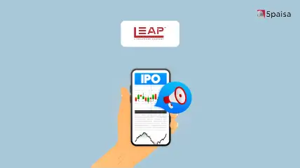 LEAP India Ltd logo above a hand holding an IPO chart on a smartphone, with a megaphone icon and 5paisa branding.