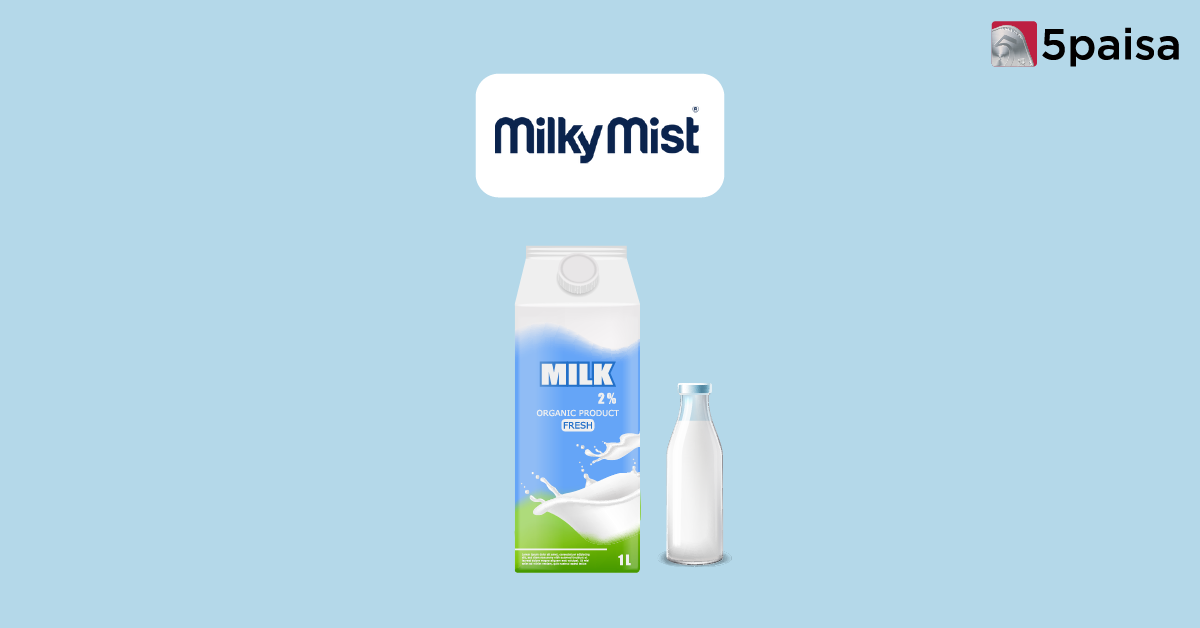 Copilot said:  Milky Mist logo with milk carton and bottle on a light blue background, featuring 5paisa branding in the top-right corner.