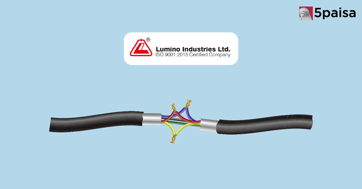 Lumino Industries Ltd. logo above a cut electrical cable showing colorful internal wires, with 5paisa logo on blue background.