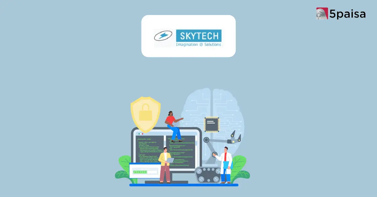 Skytech logo above an illustration of coding, AI, robotics and cybersecurity, with the 5paisa logo in the corner.