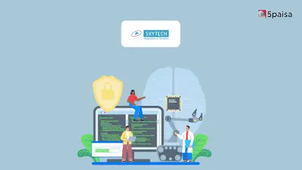 Skytech logo above an illustration of coding, AI, robotics and cybersecurity, with the 5paisa logo in the corner.