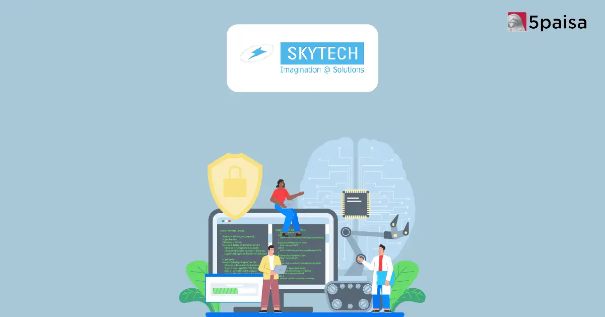 Illustration of people working on coding software, shield security icon, Skytech logo, and 5paisa branding.