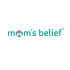 Mom's belief teal text logo with a stylized mother and child icon replacing the letter 'o'
