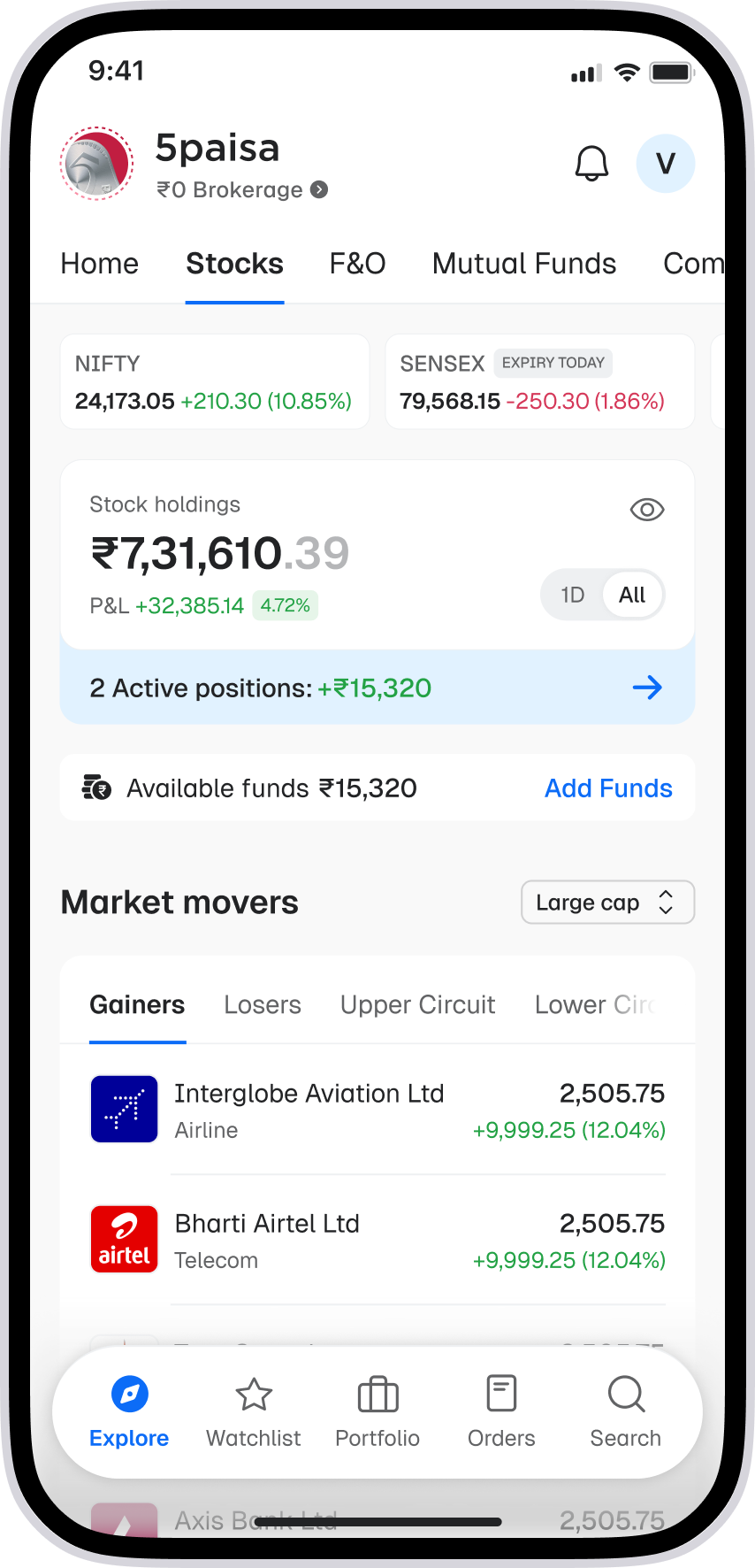 Stocks in the 5paisa app