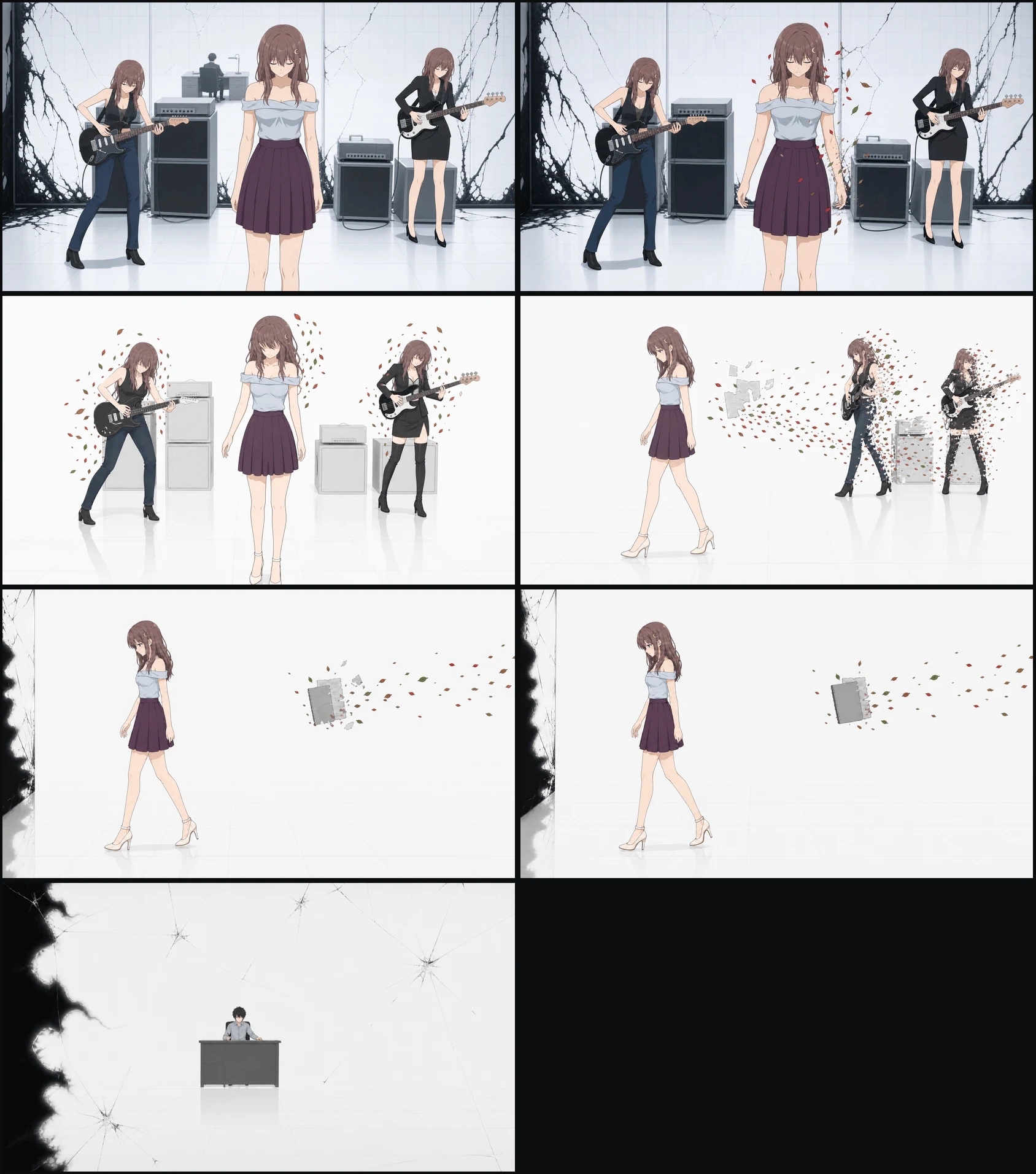 Seven early Attempt 1 anime keyframes arranged chronologically