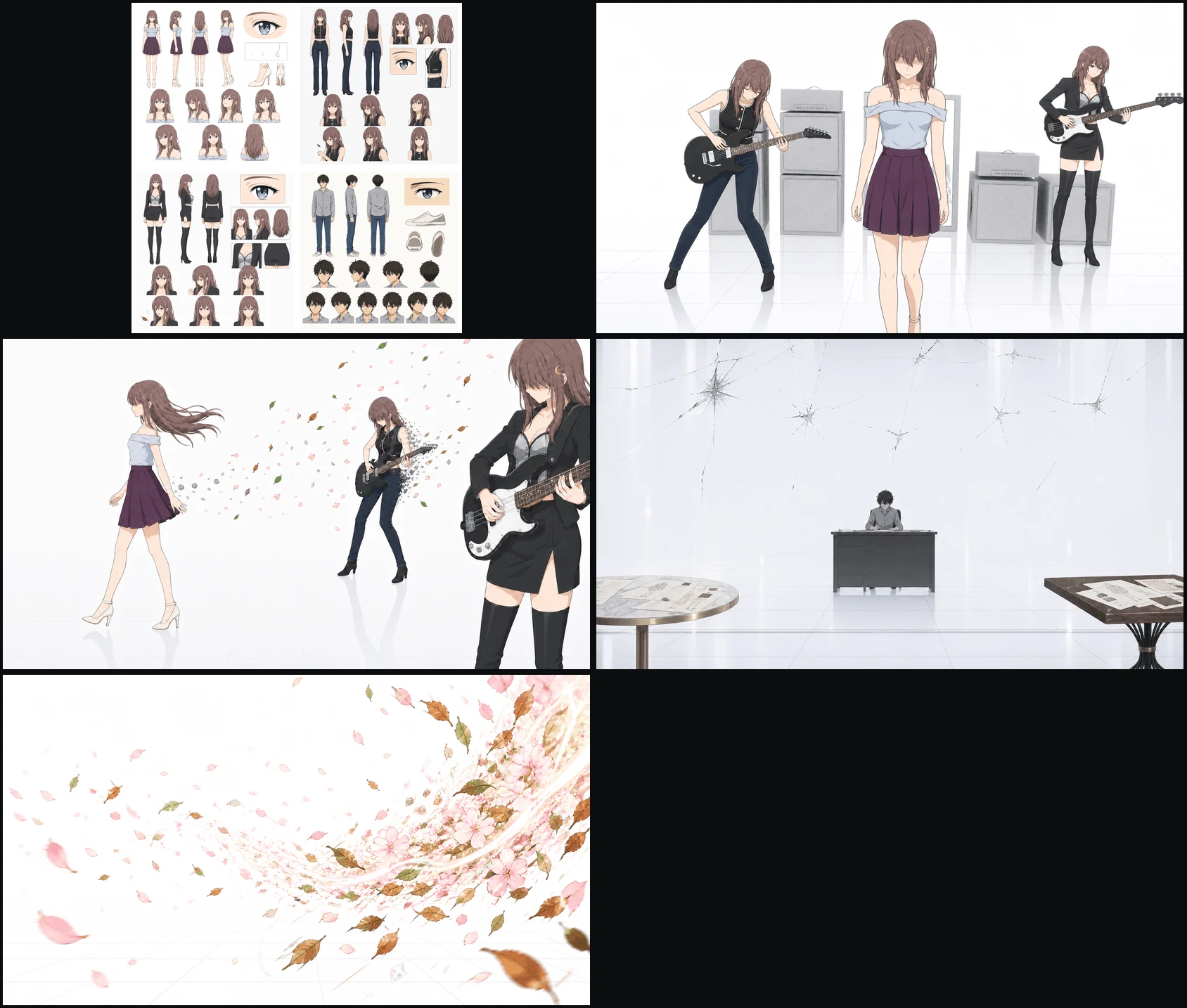 Attempt 7 reference set showing the cast board, three shot-opening frames, and a sakura and leaf effects plate