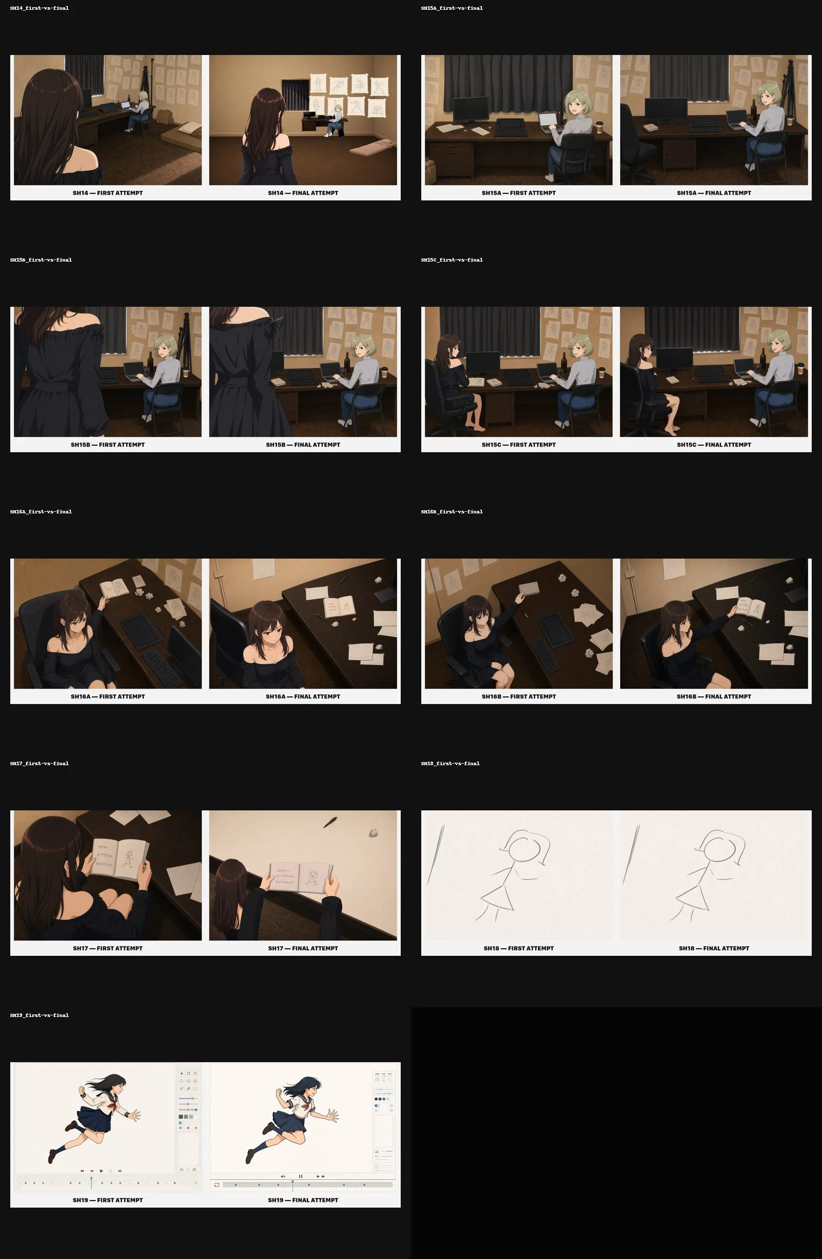 All nine TEGAKI SH14 to SH19 first-attempt and final pairs