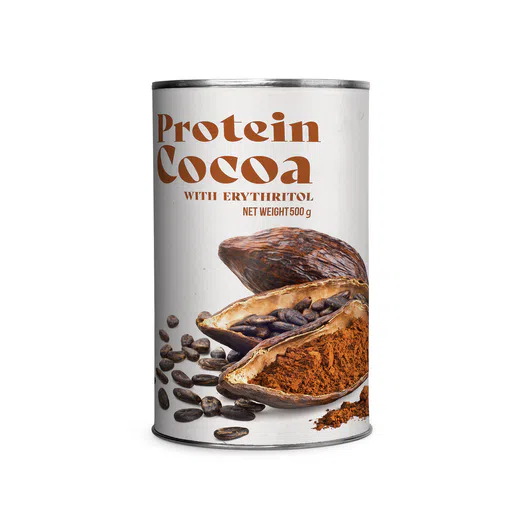 Private label amerpharma protein cocoa with erythritol in fully printed paper box, 500 g